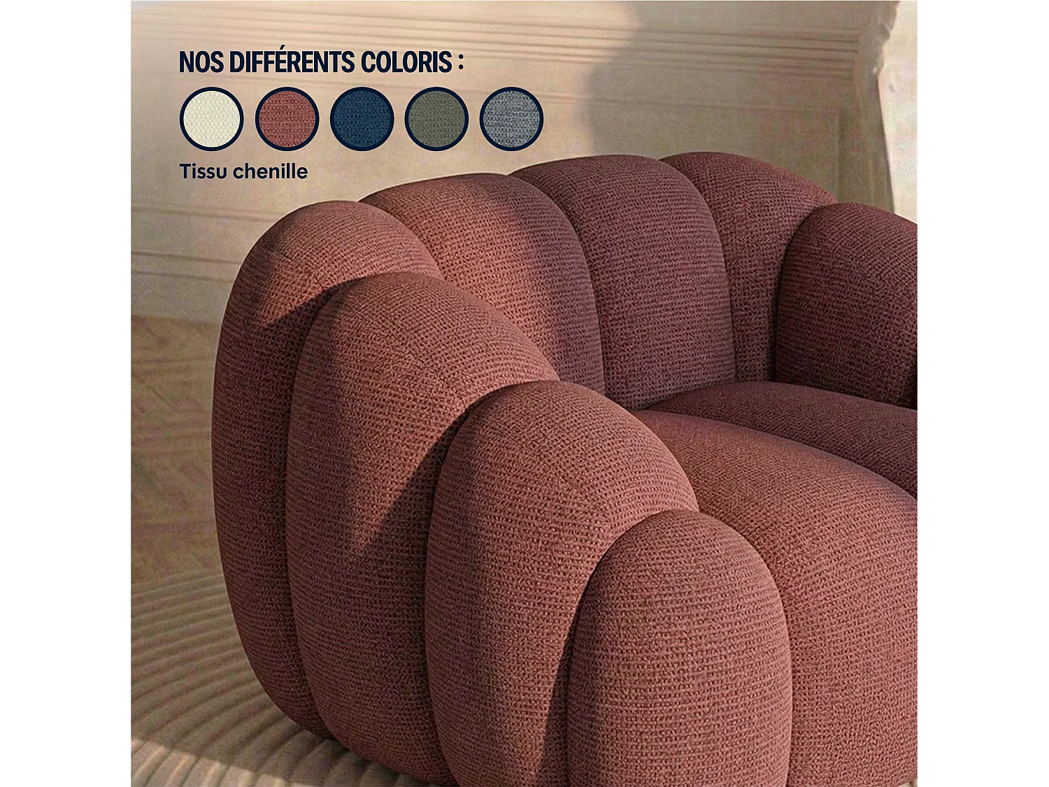 Canapé bulle 1 place en tissu chenille et bois renforcé brique - Serena