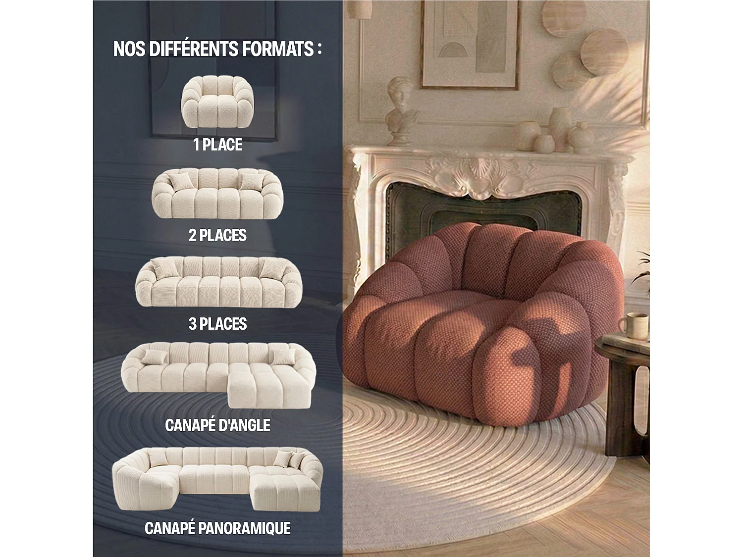 Canapé bulle 1 place en tissu chenille et bois renforcé brique - Serena