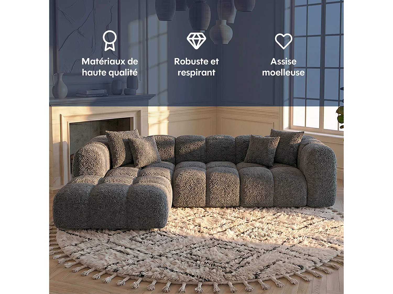 Canapé d'angle droit 3 places en tissu bouclette gris ALBA
