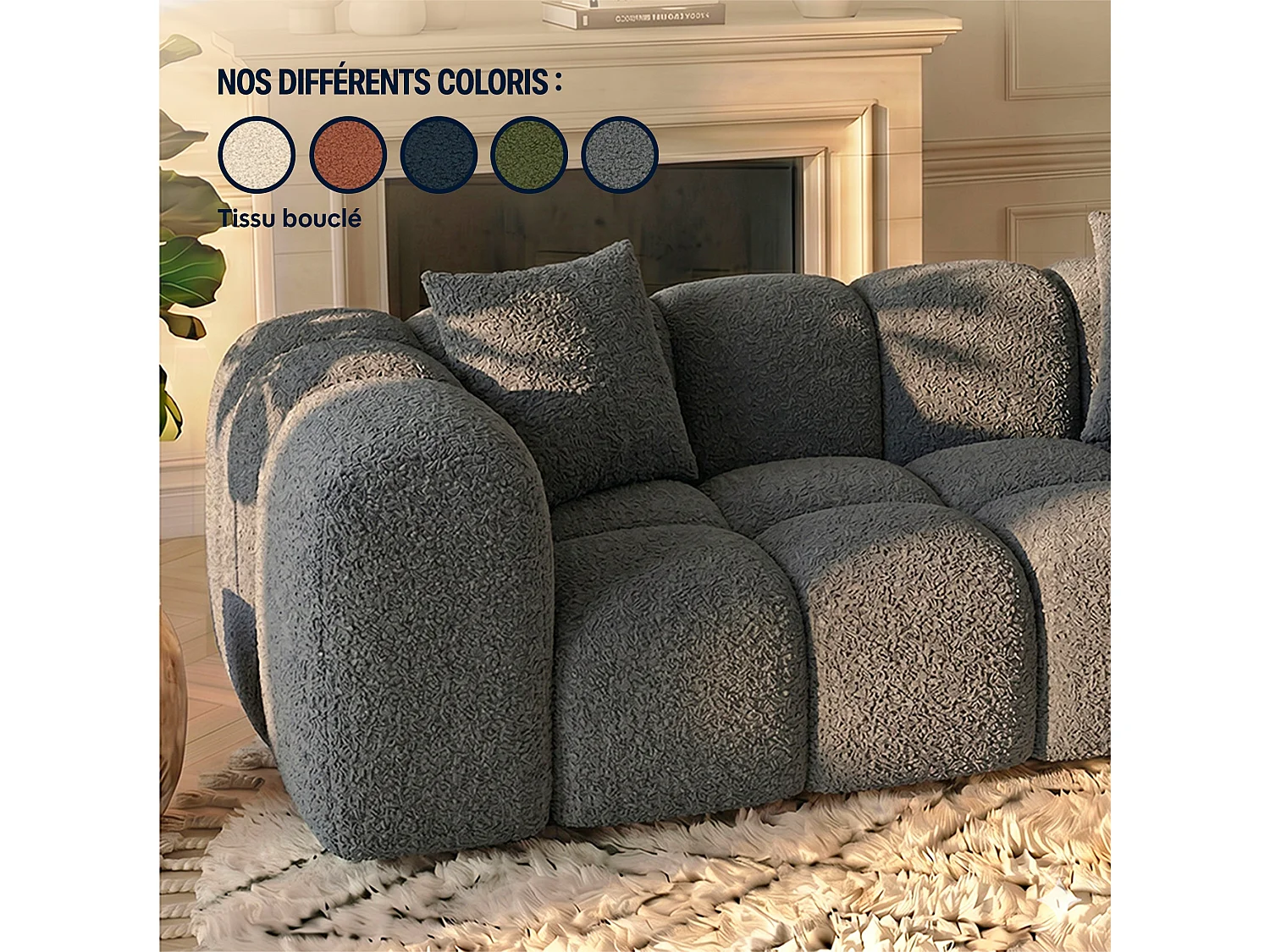 Canapé d'angle droit 3 places en tissu bouclette gris ALBA