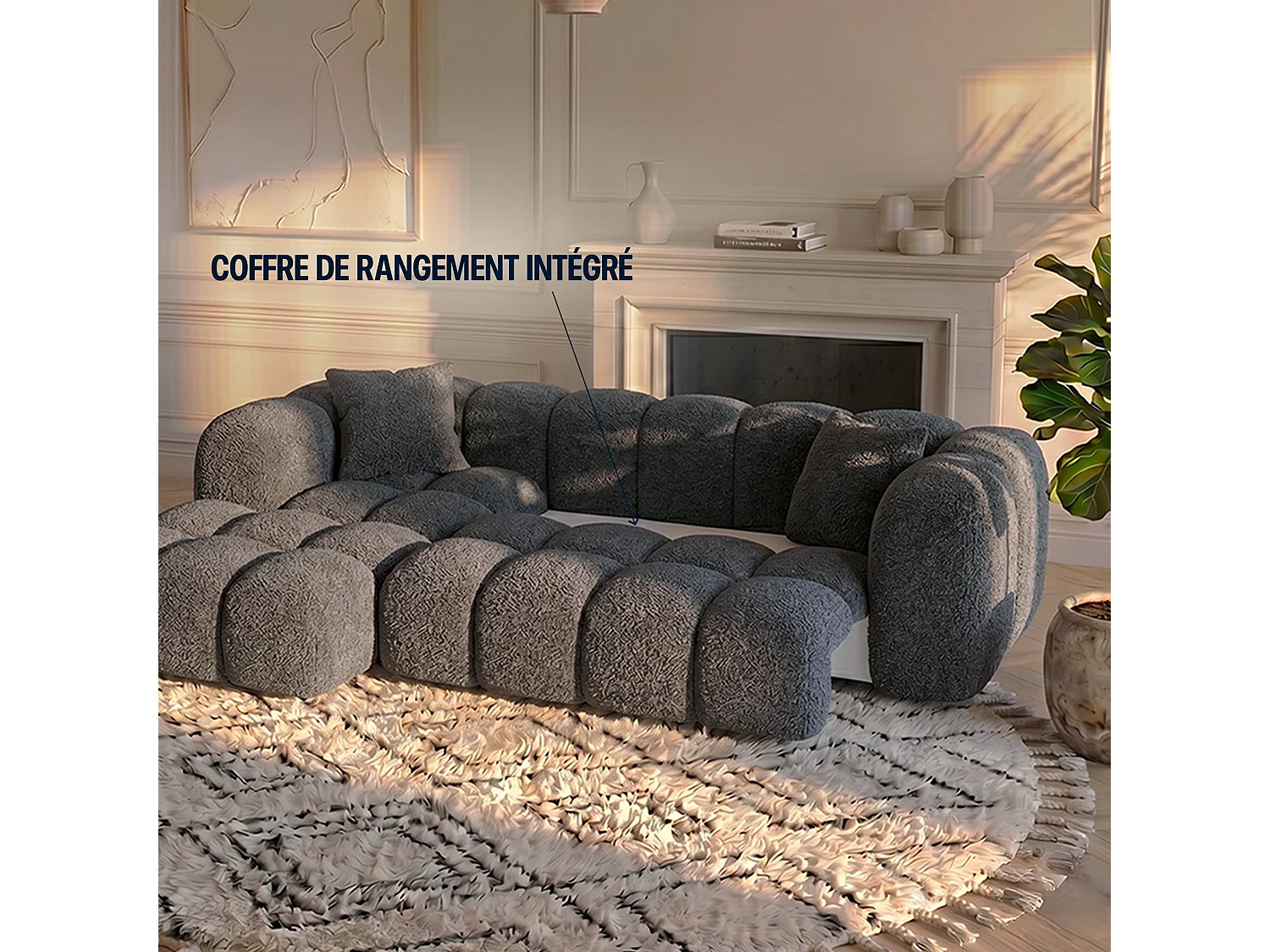 Canapé d'angle droit 3 places en tissu bouclette gris ALBA