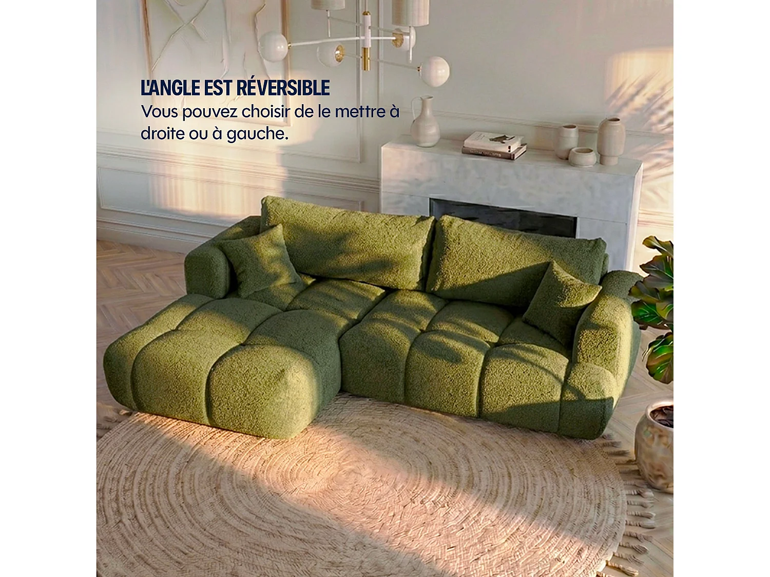 Canapé d'angle droit 3 places en tissu bouclette vert ELINA