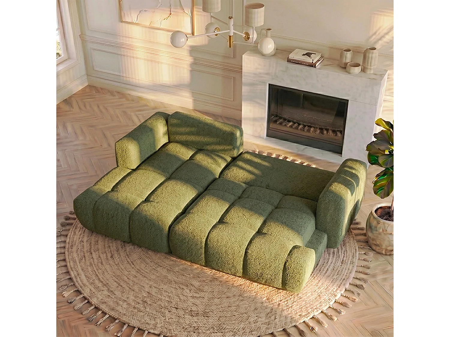 Canapé d'angle droit 3 places en tissu bouclette vert ELINA