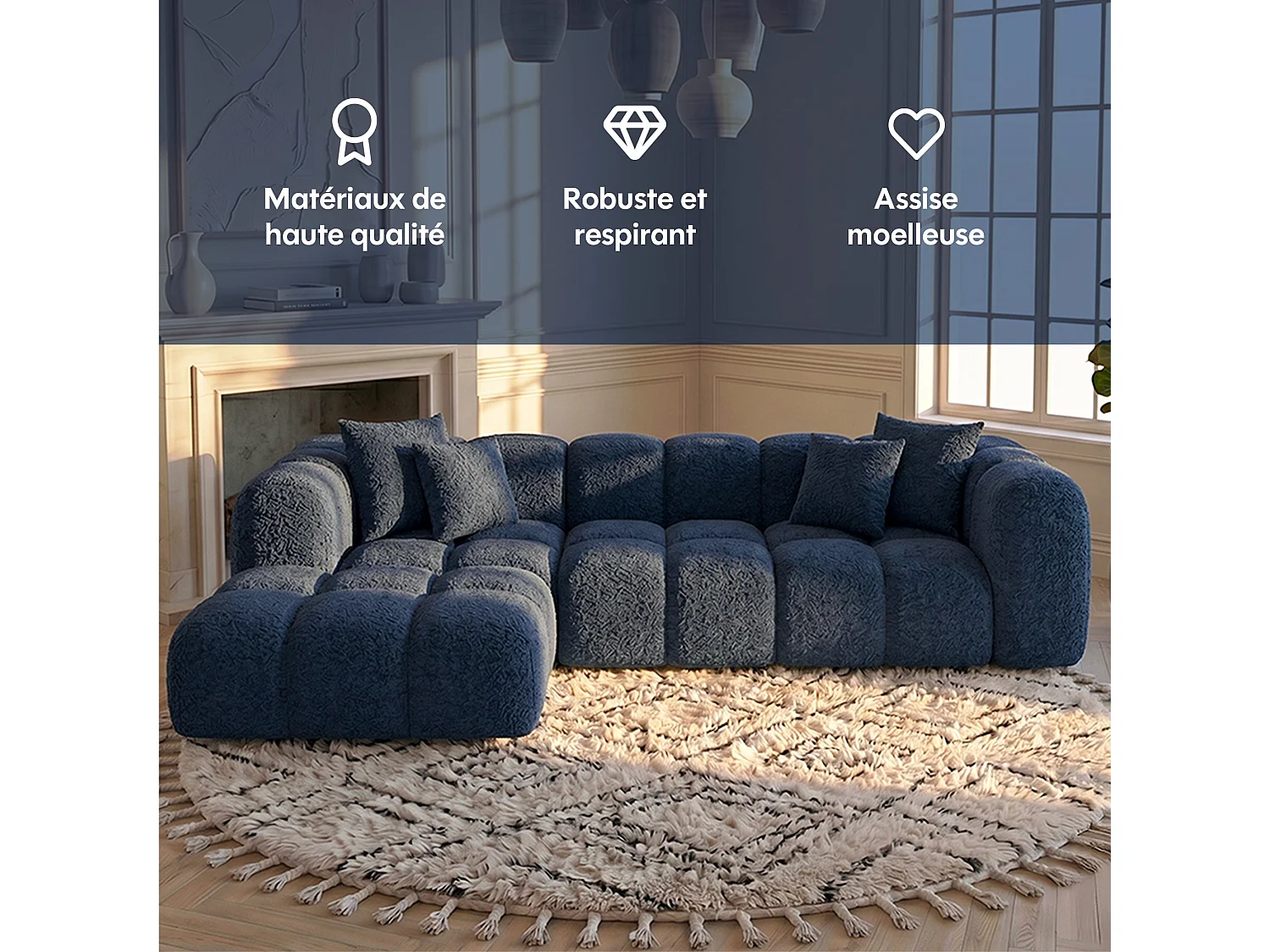Canapé d'angle droit 3 places en tissu bouclette bleu ALBA