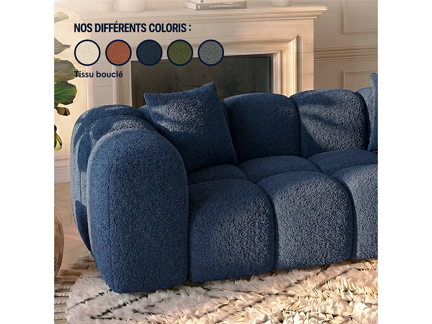 Canapé d'angle droit 3 places en tissu bouclette bleu ALBA