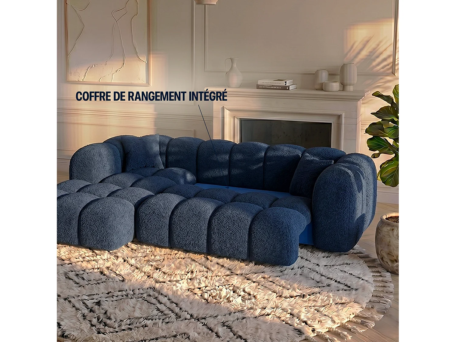Canapé d'angle droit 3 places en tissu bouclette bleu ALBA