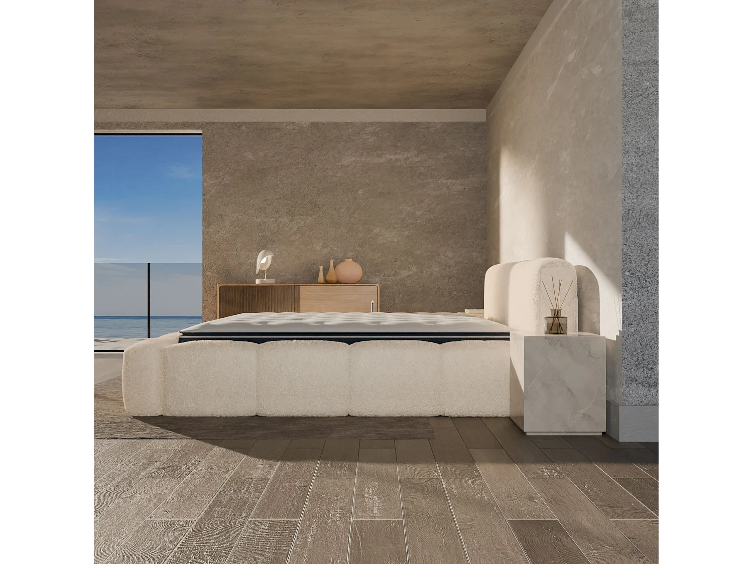 Ensemble matelas hybride et lit coffre beige tissu bouclé 140x190cm