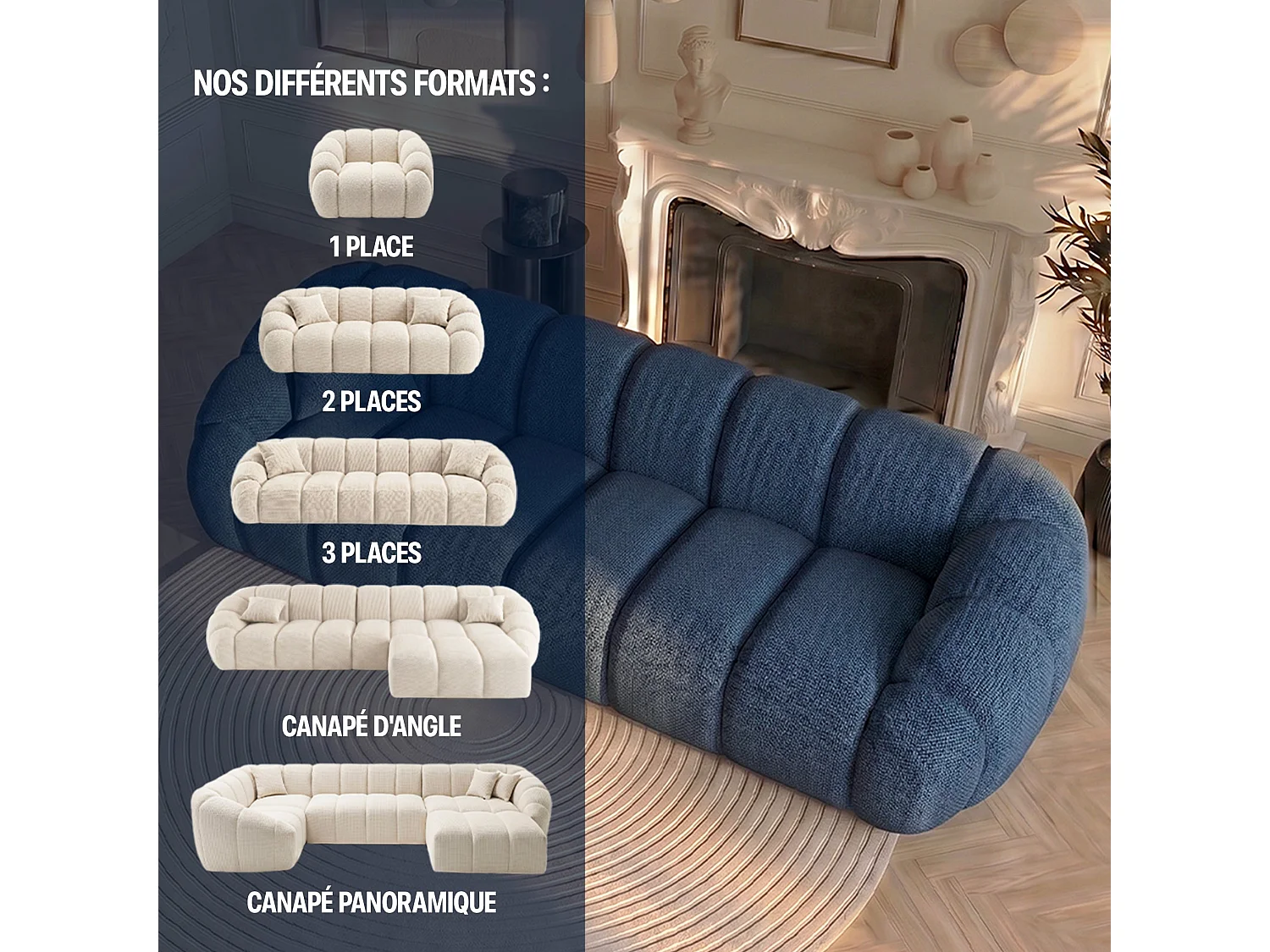 Canapé 3 places en tissu chenille bleu SERENA