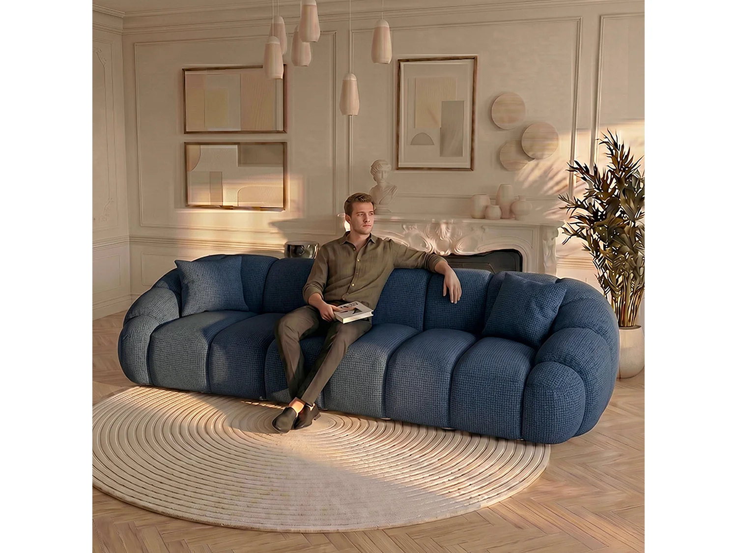 Canapé 3 places en tissu chenille bleu SERENA