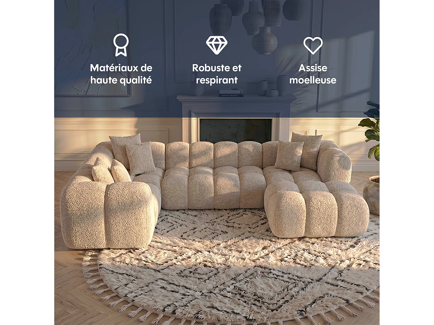 Canapé d'angle panoramique 5 places en tissu bouclette beige ALBA