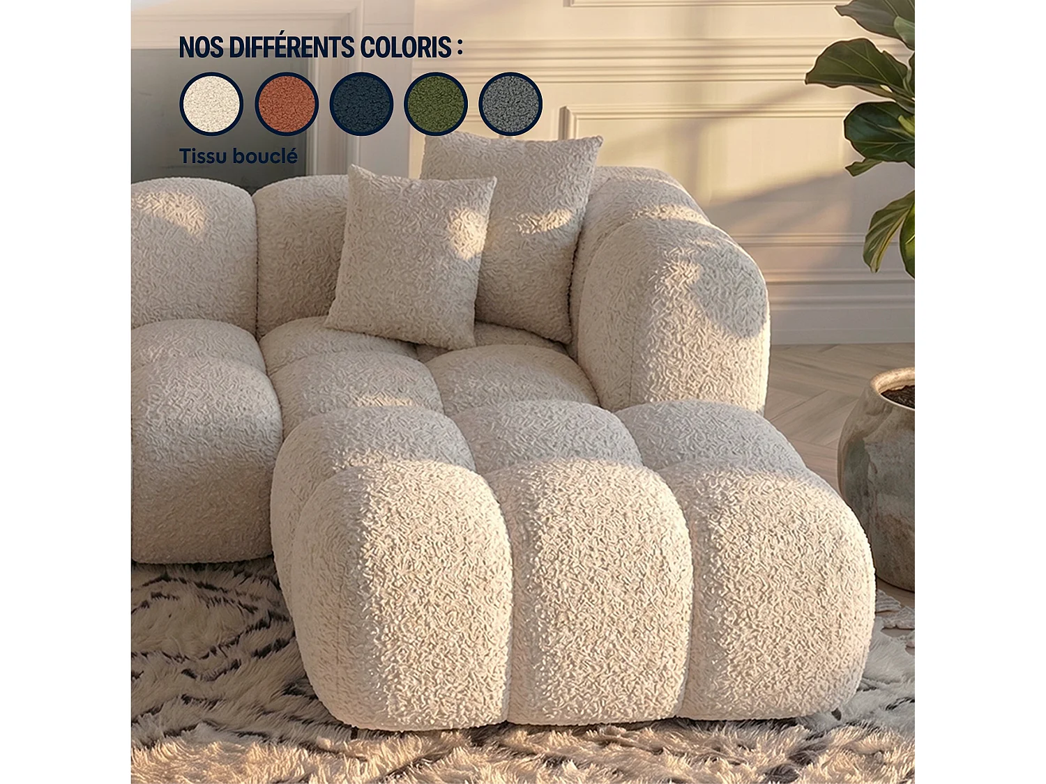 Canapé d'angle panoramique 5 places en tissu bouclette beige ALBA