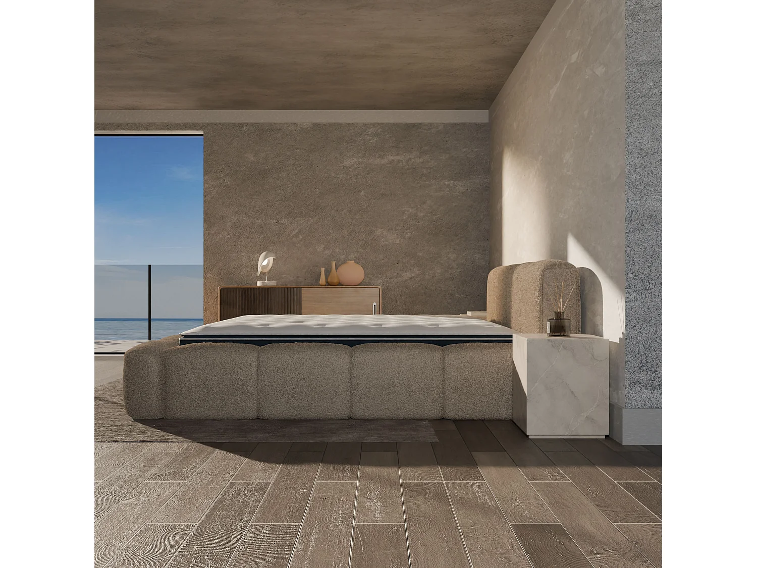 Ensemble matelas hybride et lit coffre beige tissu bouclé 140x190cm