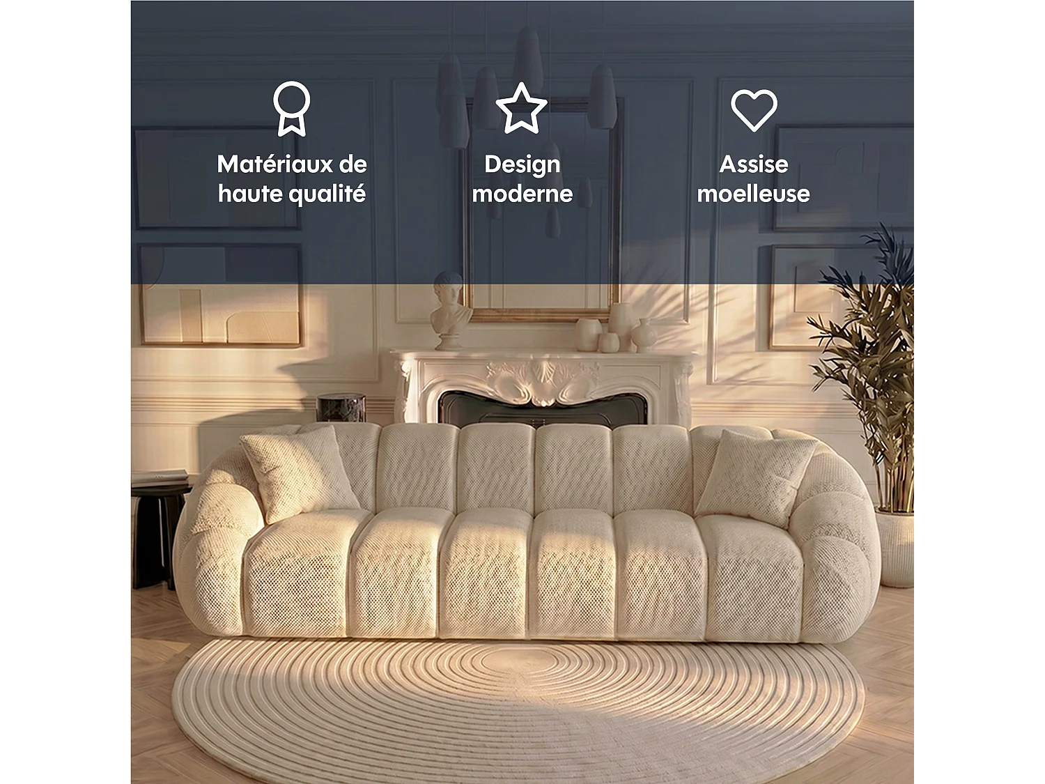 Canapé 3 places en tissu chenille beige SERENA