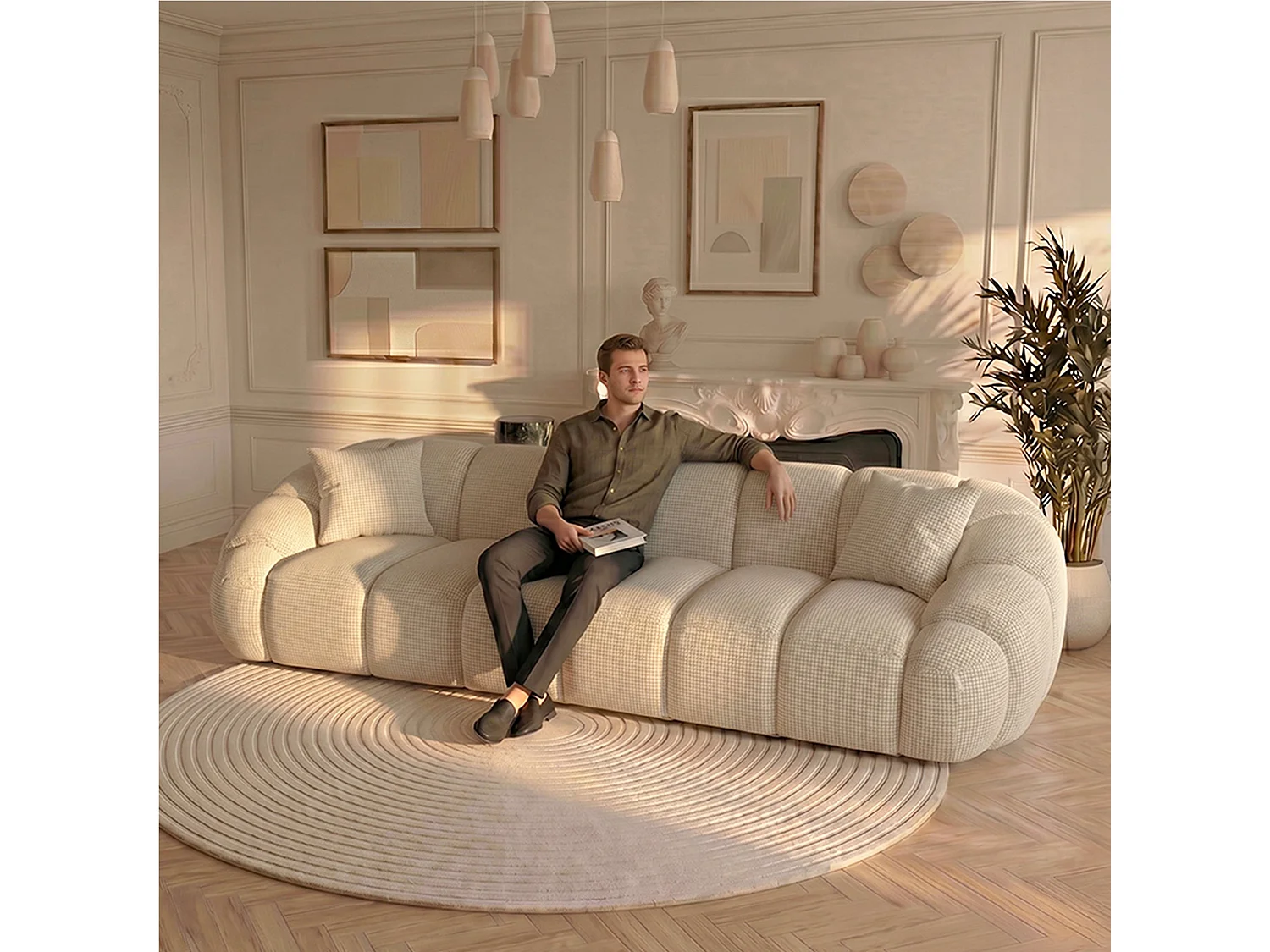Canapé 3 places en tissu chenille beige SERENA