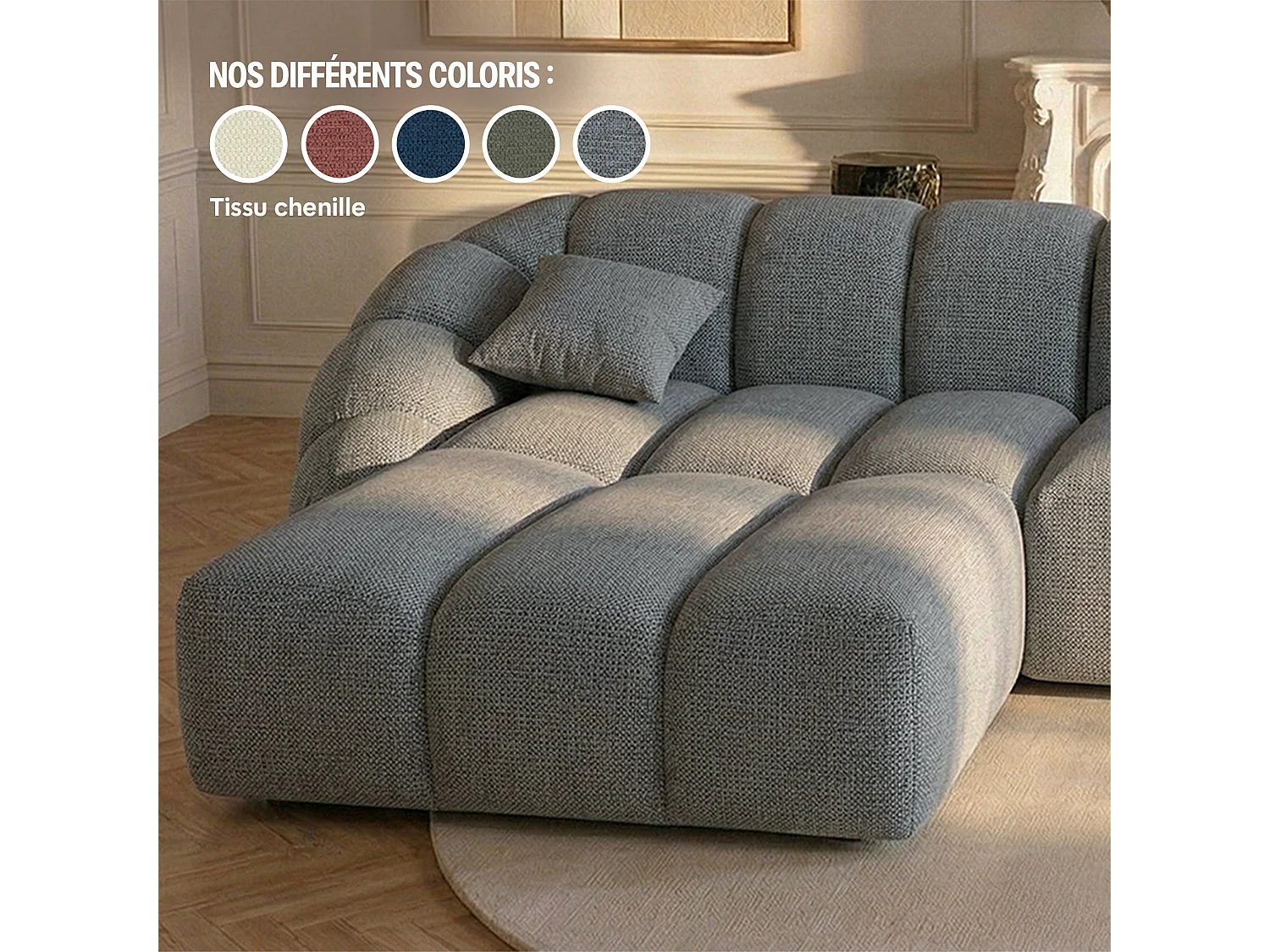 Canapé d'angle panoramique 5 places en tissu chenille gris SERENA