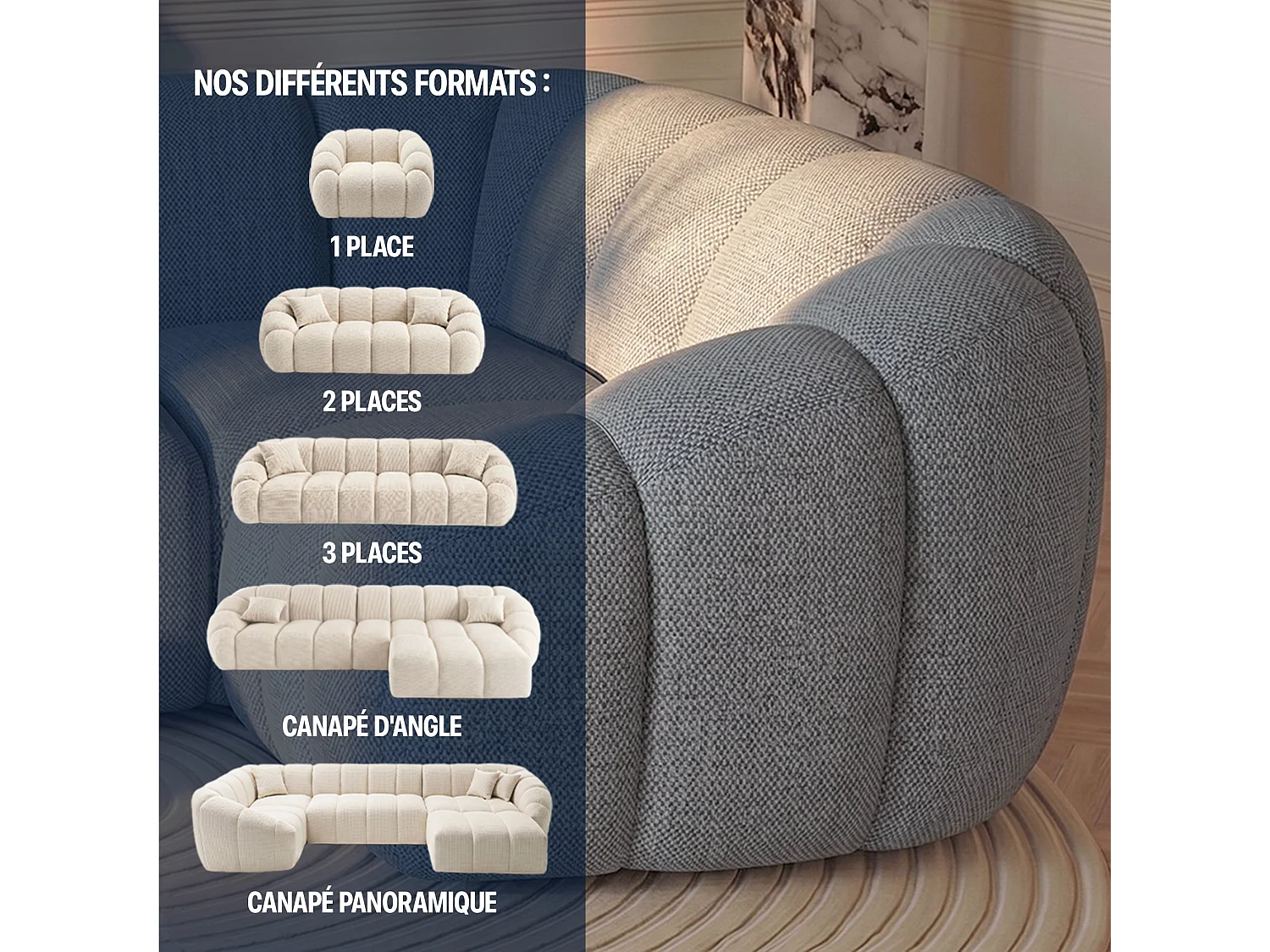 Canapé d'angle panoramique 5 places en tissu chenille gris SERENA
