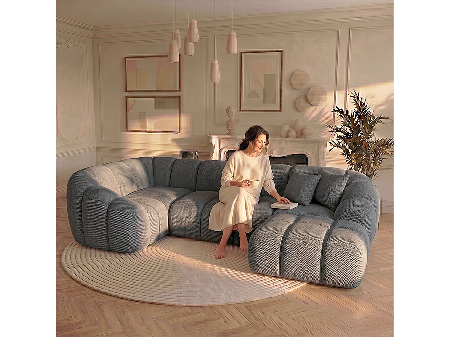 Canapé d'angle panoramique 5 places en tissu chenille gris SERENA