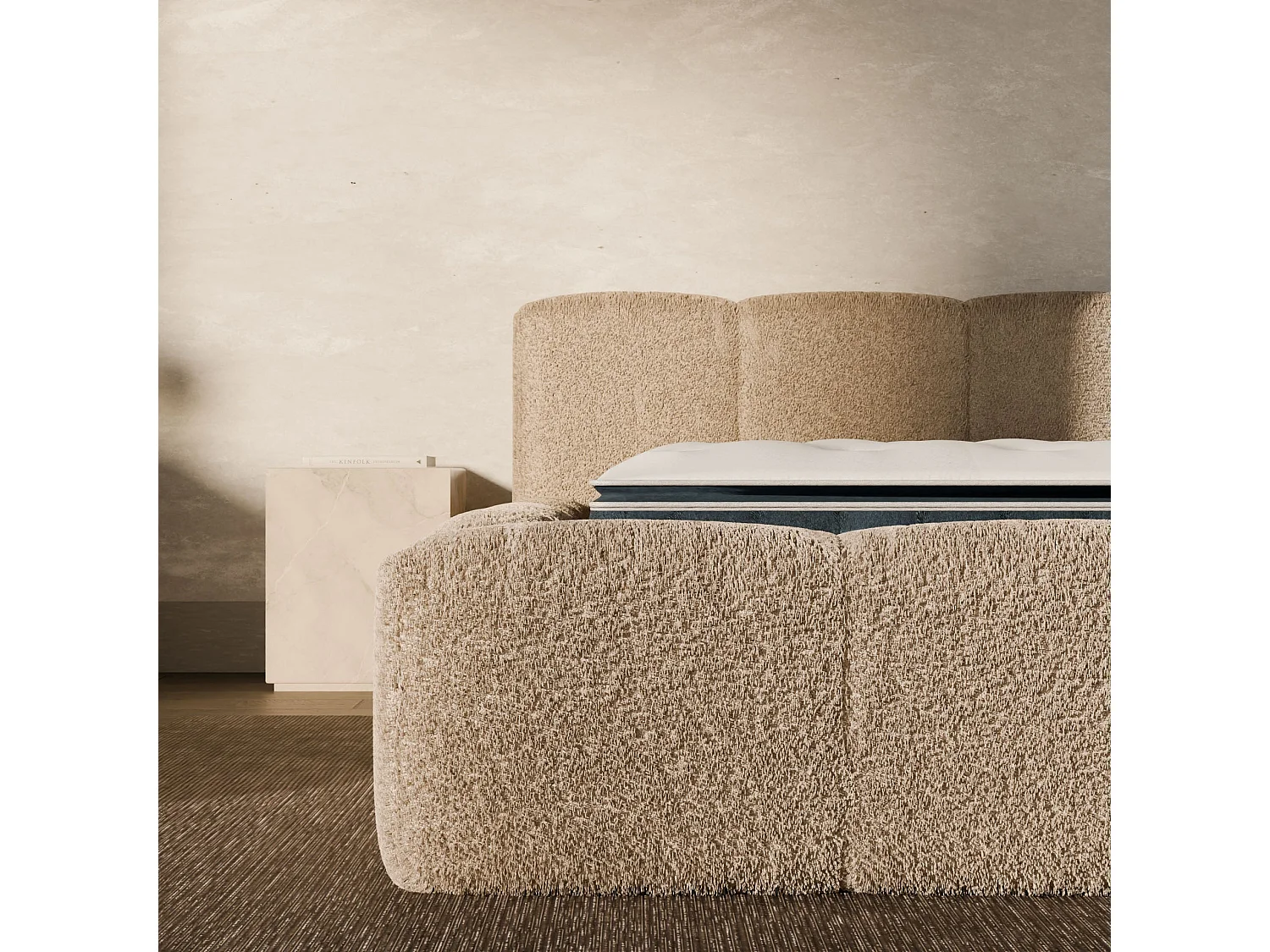Ensemble matelas hybride et lit coffre beige tissu bouclé 160x200cm