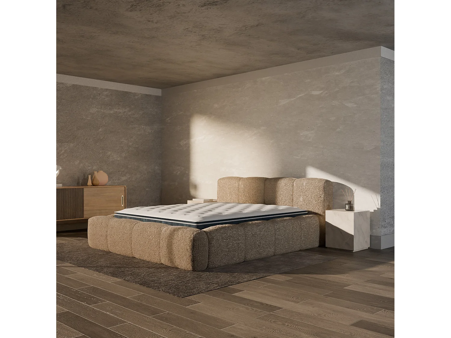 Ensemble matelas hybride et lit coffre beige tissu bouclé 160x200cm