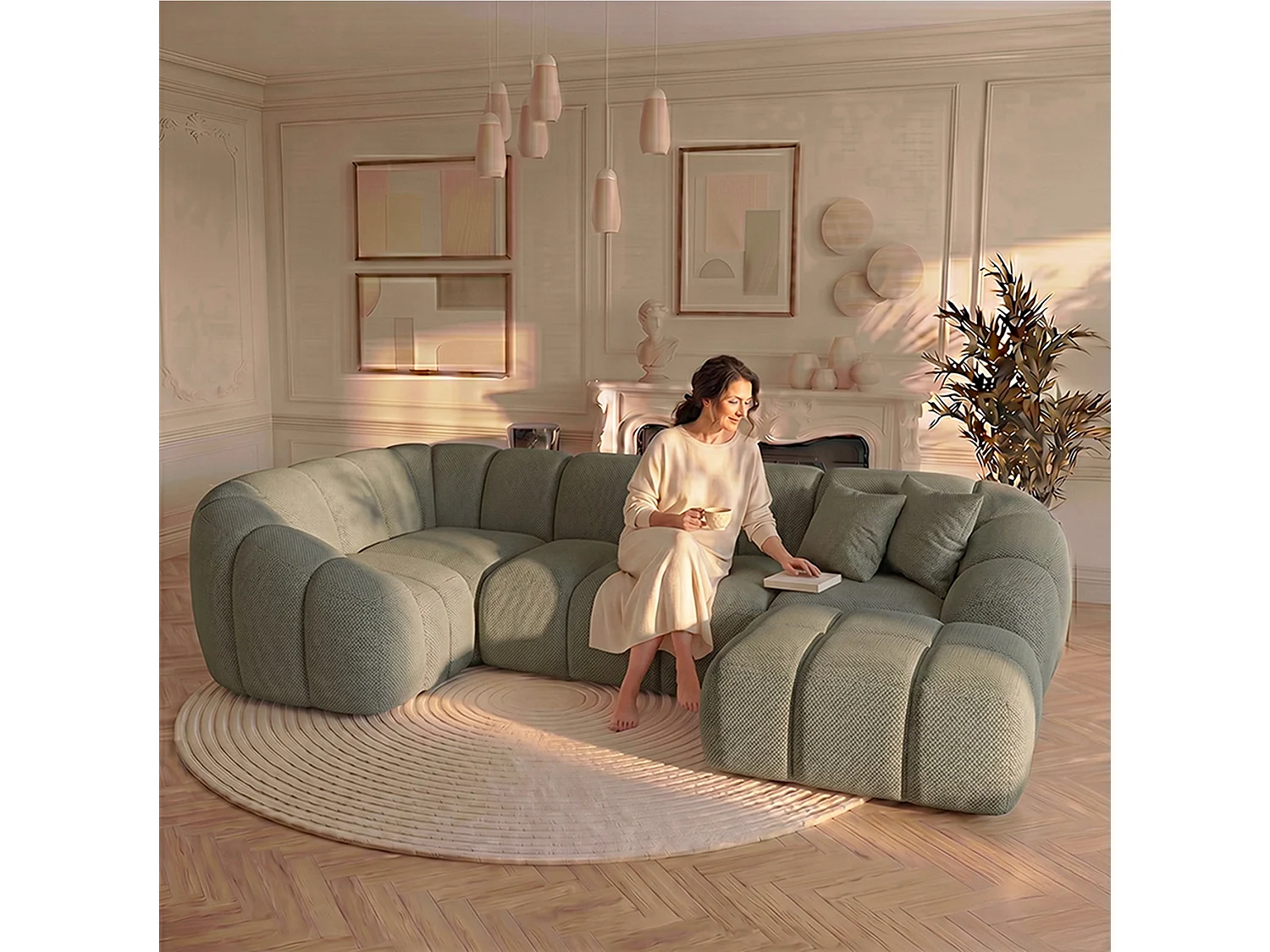 Canapé d'angle panoramique 5 places en tissu chenille vert SERENA