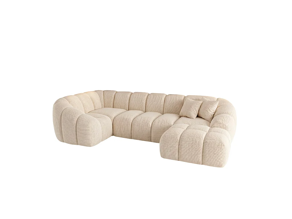Canapé d'angle panoramique 5 places en tissu chenille beige SERENA