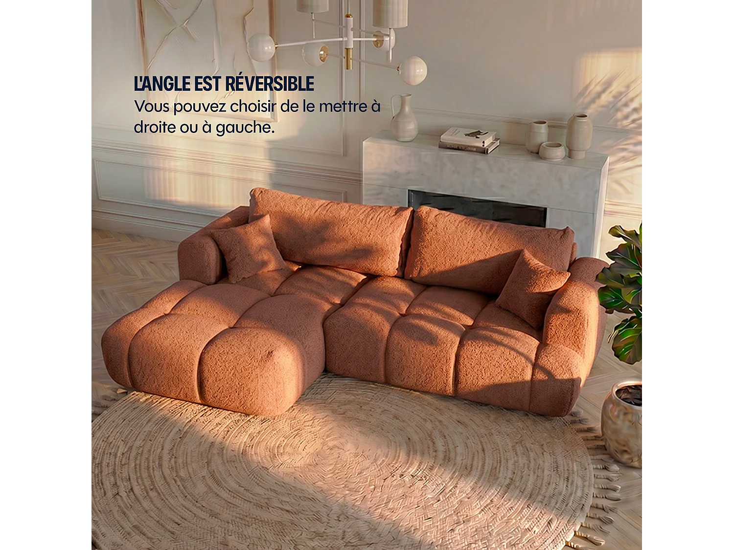 Canapé d'angle droit 3 places en tissu bouclette blanc ELINA