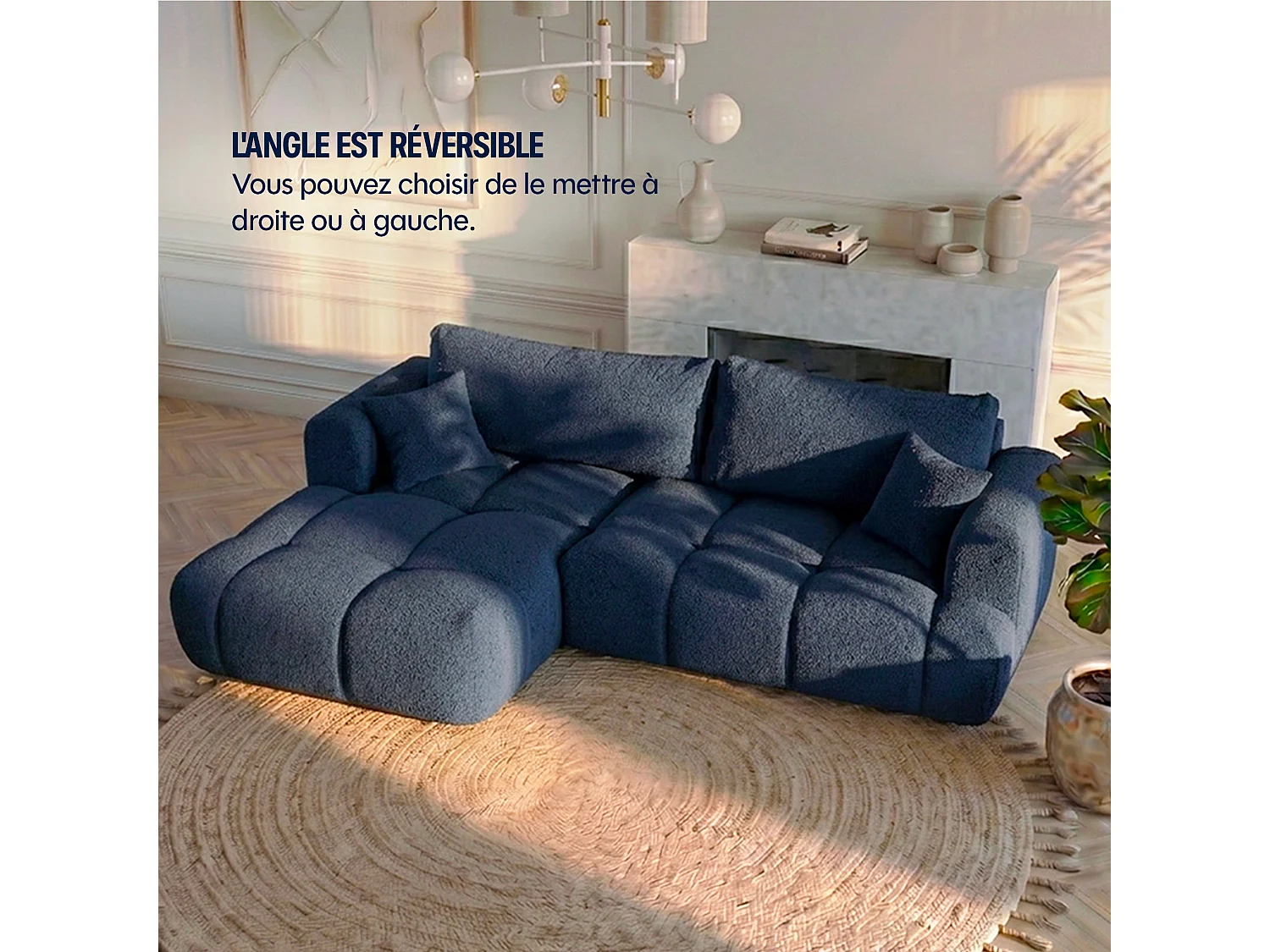 Canapé d'angle droit 3 places en tissu bouclette bleu ELINA