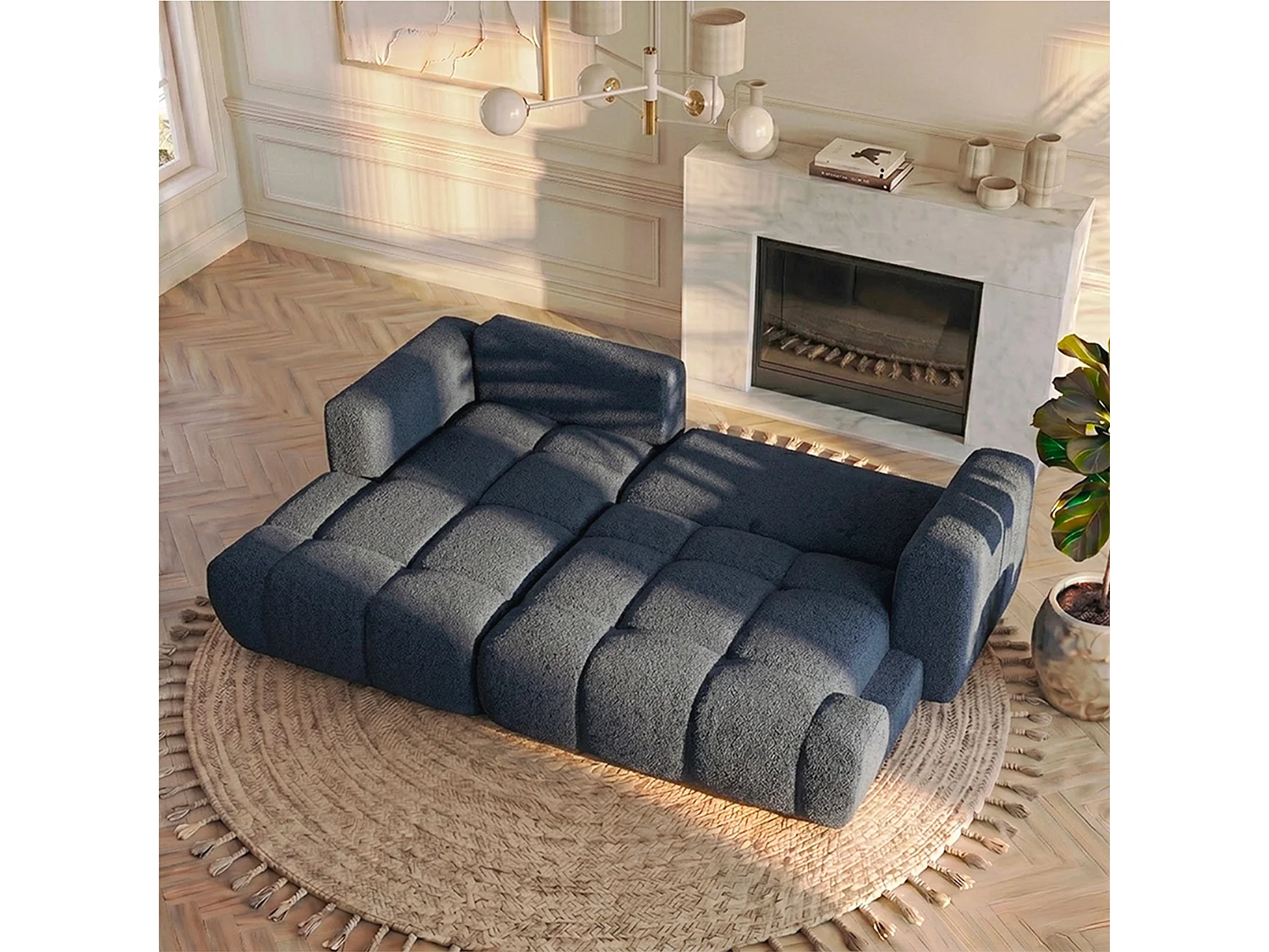 Canapé d'angle droit 3 places en tissu bouclette bleu ELINA