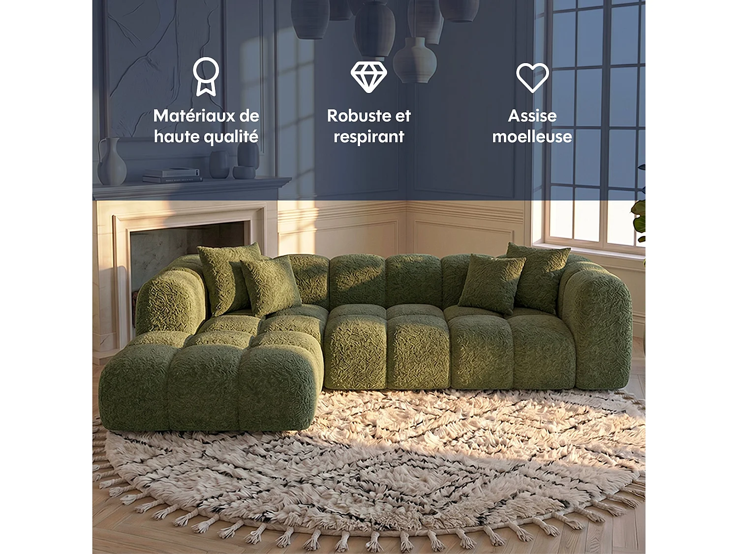 Canapé d'angle droit 3 places en tissu bouclette vert ALBA