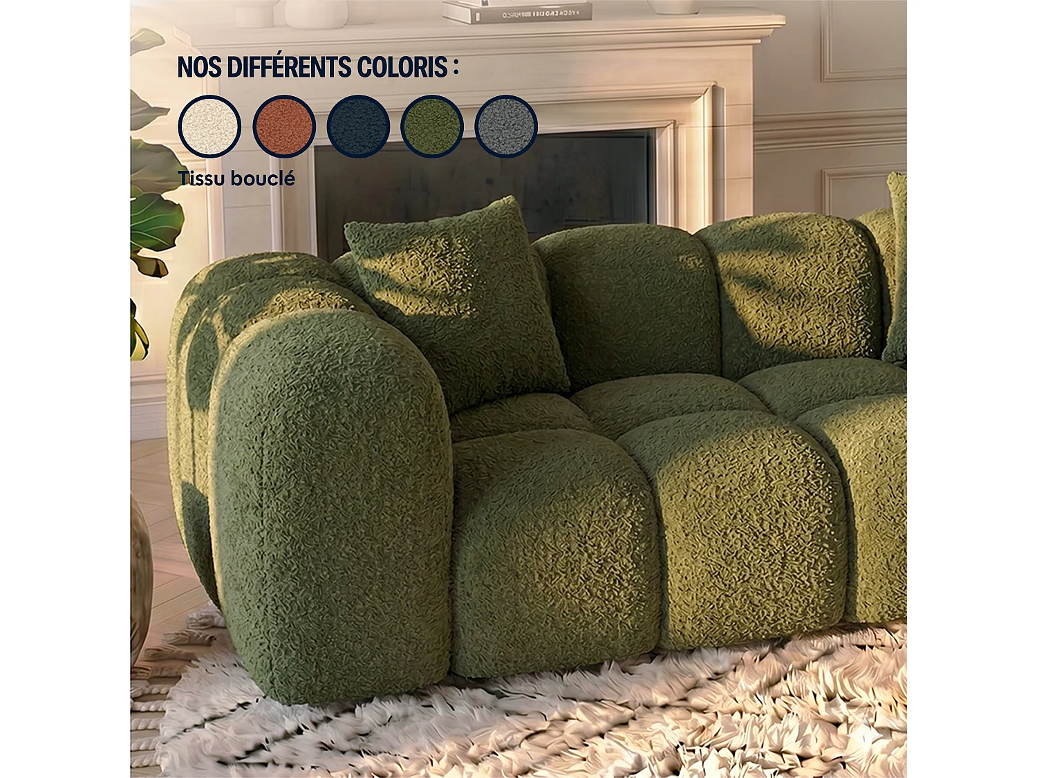 Canapé d'angle droit 3 places en tissu bouclette vert ALBA