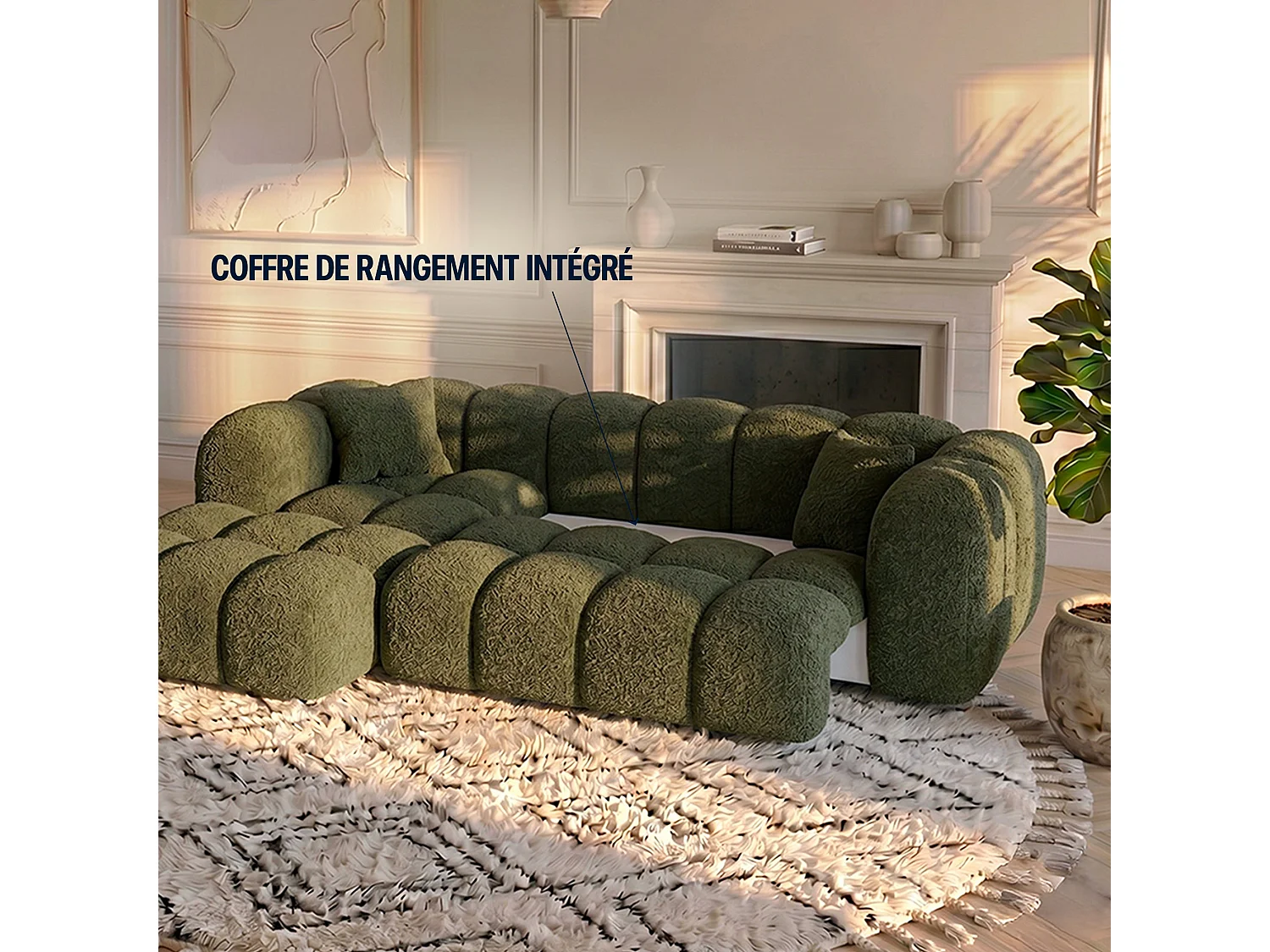 Canapé d'angle droit 3 places en tissu bouclette vert ALBA