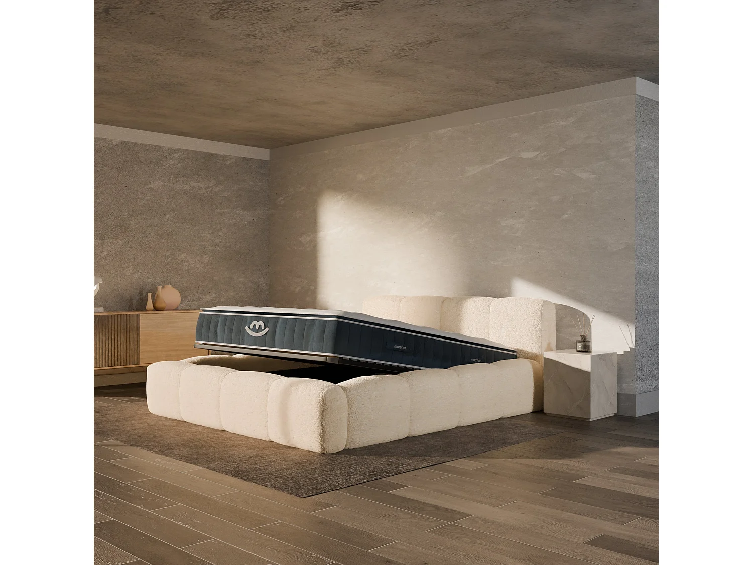 Ensemble matelas hybride et lit coffre beige tissu bouclé 180x200cm
