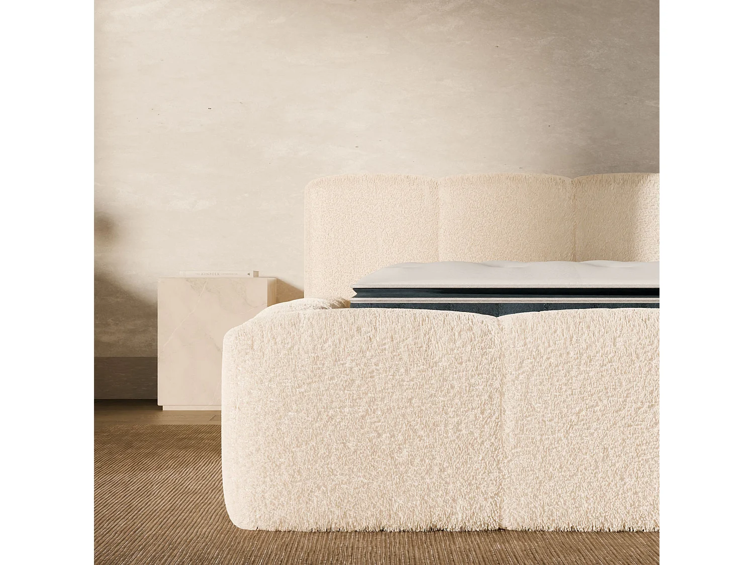 Ensemble matelas hybride et lit coffre beige tissu bouclé 180x200cm
