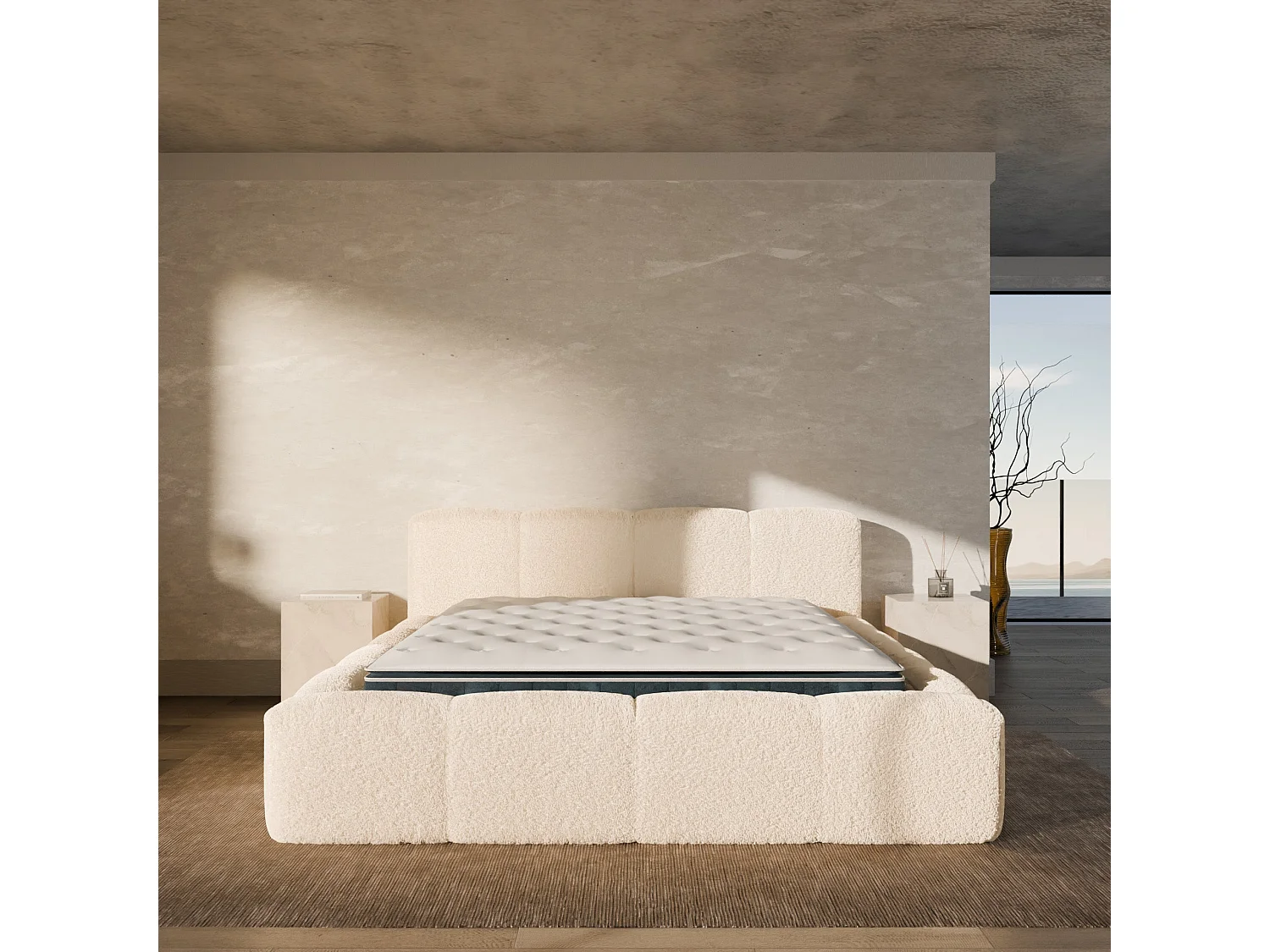 Ensemble matelas hybride et lit coffre beige tissu bouclé 180x200cm