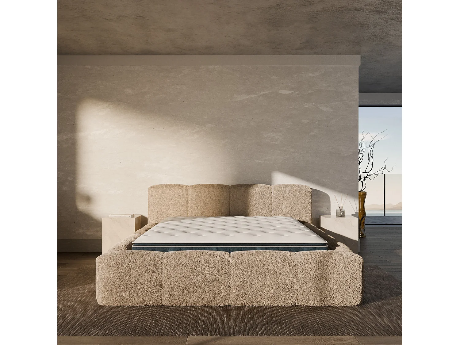 Ensemble matelas hybride et lit coffre beige tissu bouclé 180x200cm