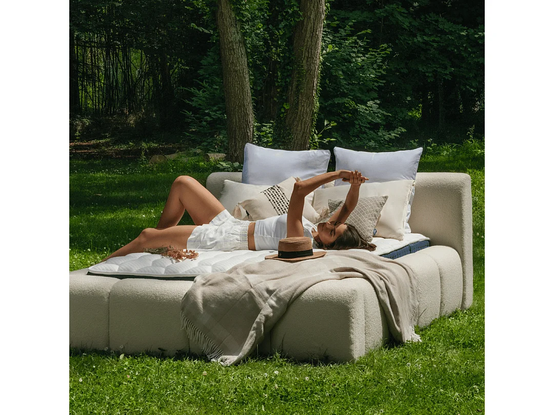 Ensemble matelas hybride et lit coffre beige tissu bouclé 180x200cm