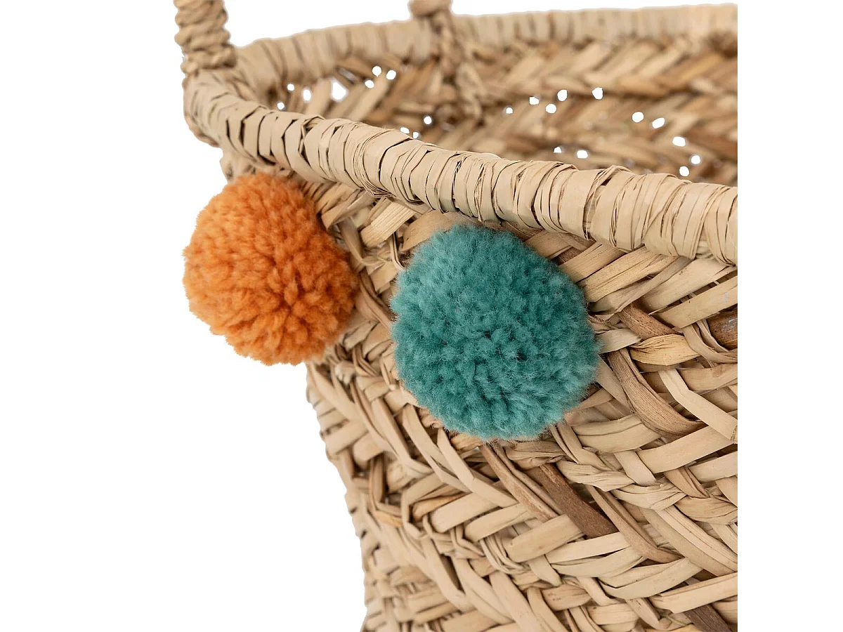 Panier de Rangement en Roseau "Pompons" 41cm Naturel