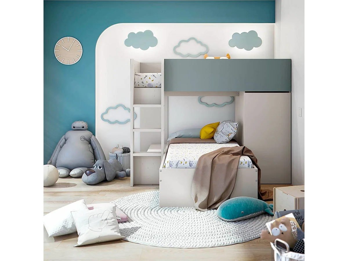 Litera Eureka 4 posiciones con armario y 2 cajones gris/azul 152x255x111 cm