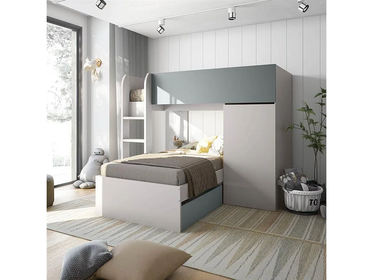 Litera Eureka 4 posiciones con armario y 2 cajones gris/azul 152x255x111 cm