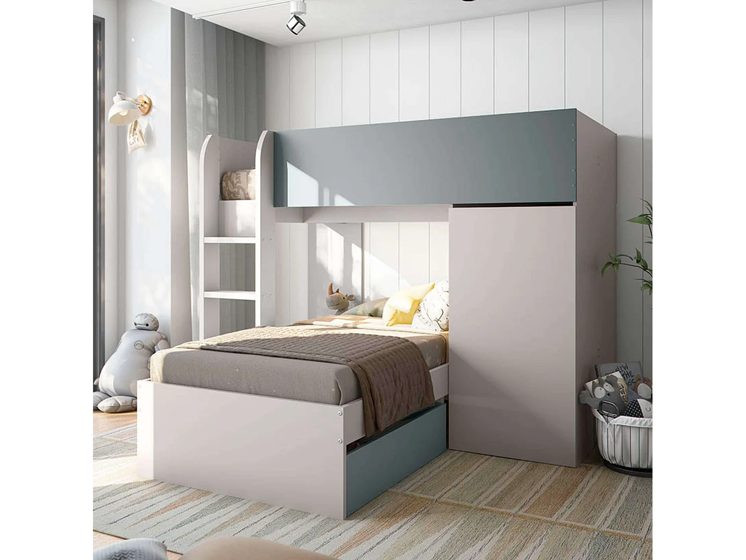 Litera Eureka 4 posiciones con armario y 2 cajones gris/azul 152x255x111 cm