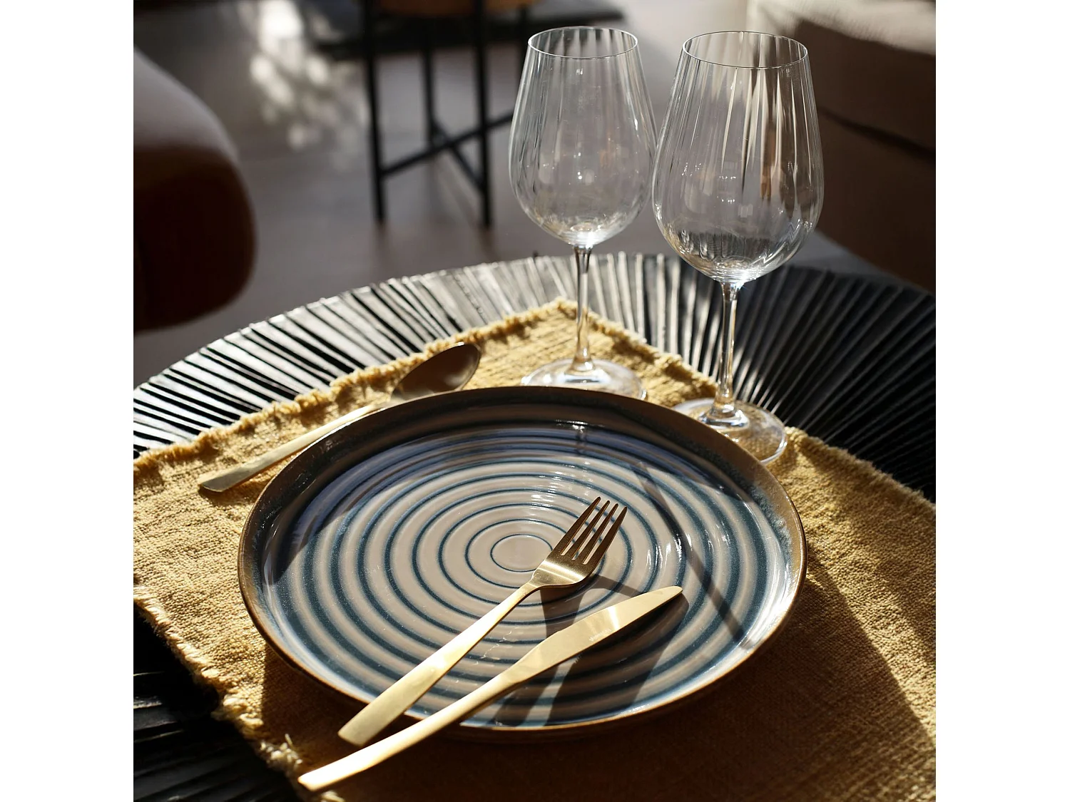 Novastyl - Lot 6 Assiettes Plates Spirale 27cm En Faience Bleu Et Beige