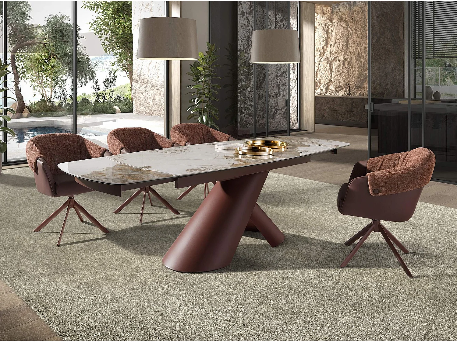 Chaise pivotante en similicuir marron cuivré et tissu marron chiné 4245 ANGEL CERDA