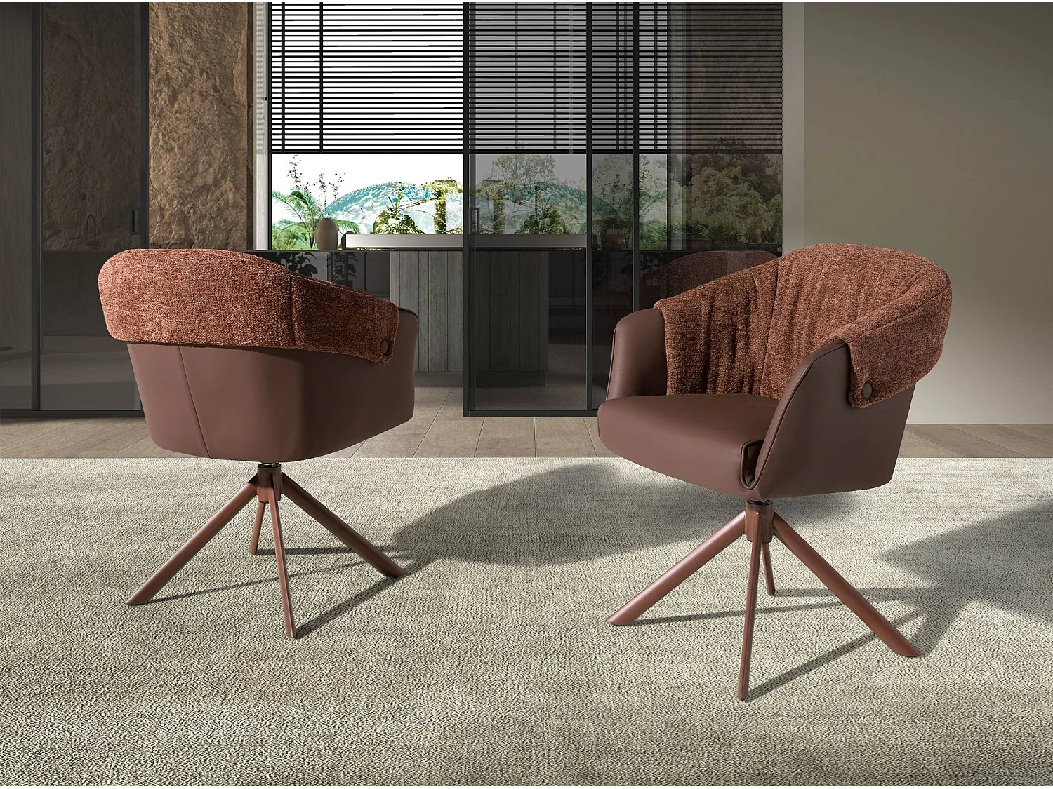 Chaise pivotante en similicuir marron cuivré et tissu marron chiné 4245 ANGEL CERDA