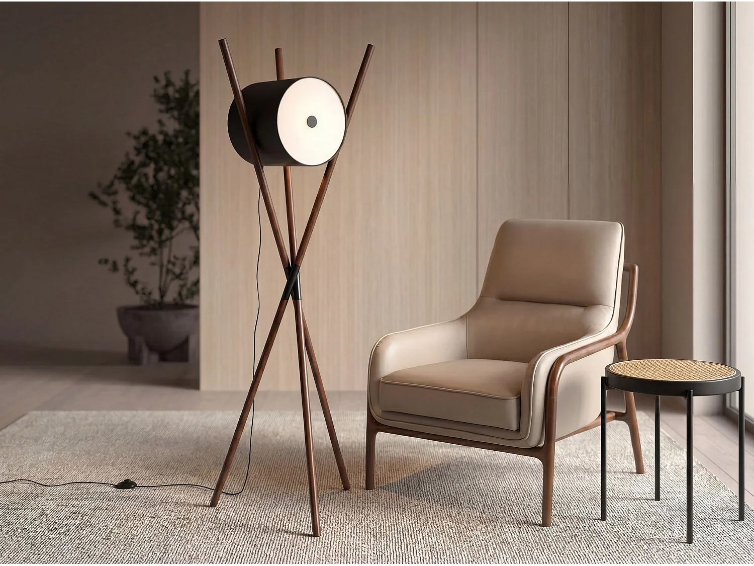 Lampadaire en bois tapissé en similicuir noir et noyer foncé 8098 ANGEL CERDA
