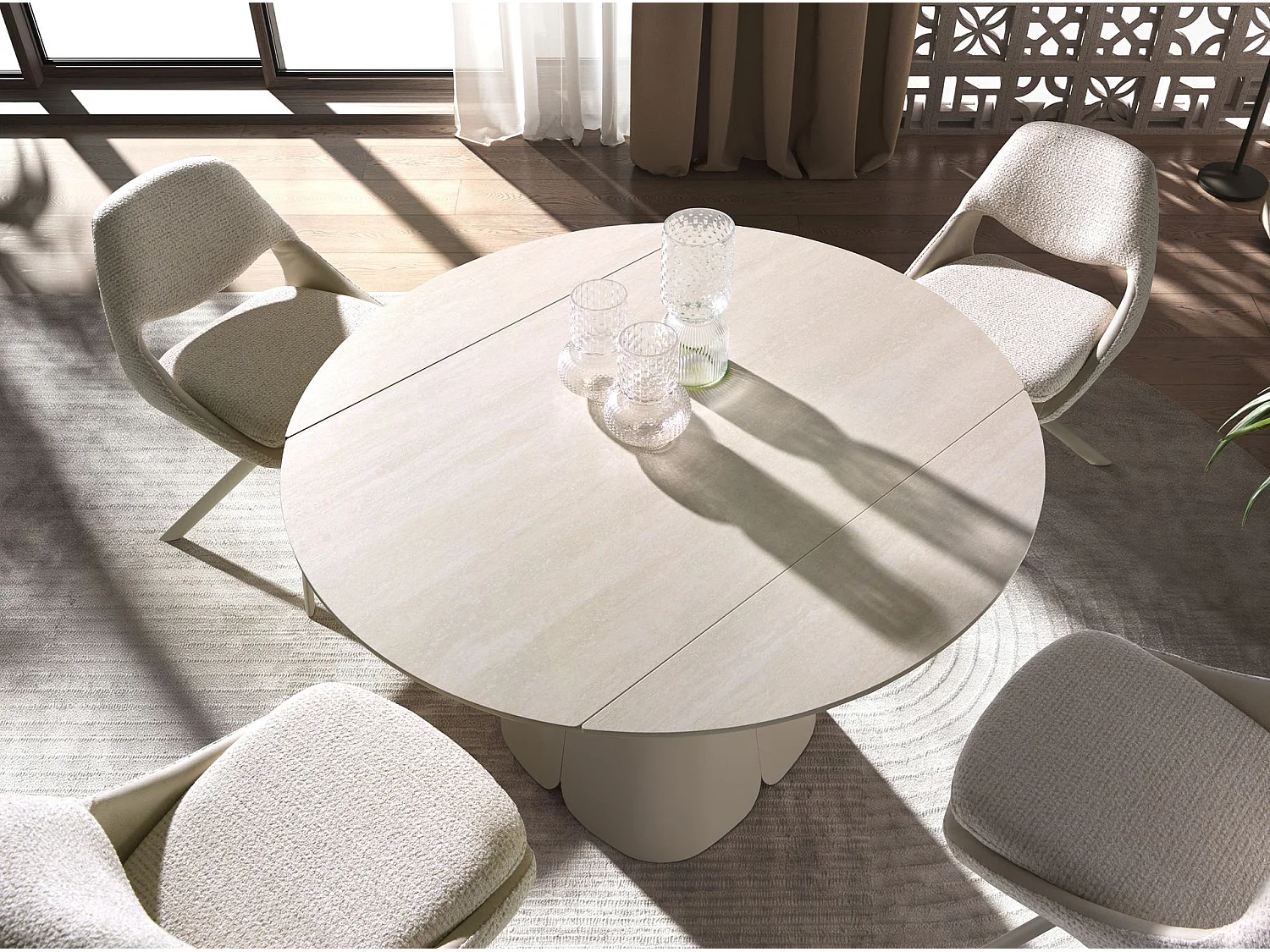 Table de salle à manger ronde extensible en marbre céramique et acier couleur sable 1195 ANGEL CERDA