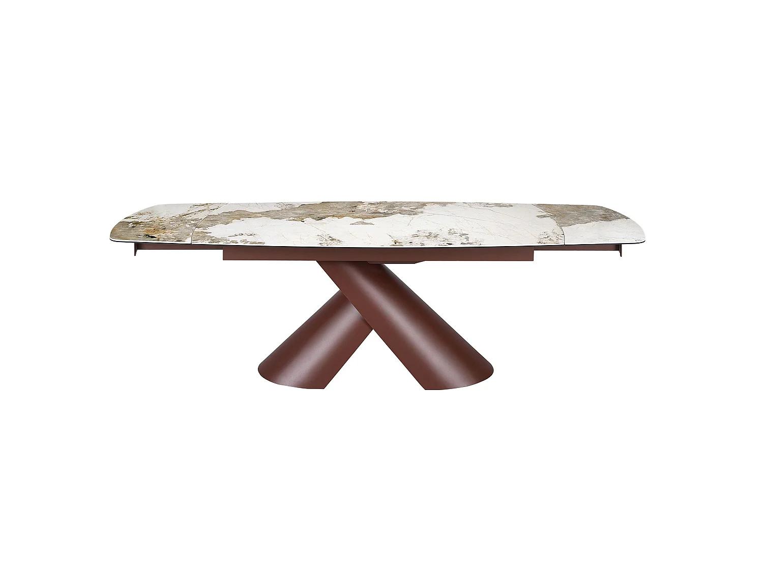 Uitschuifbare ovale eettafel in tonvorm van porseleinmarmer en koperbruin staal 1194 ANGEL CERDA