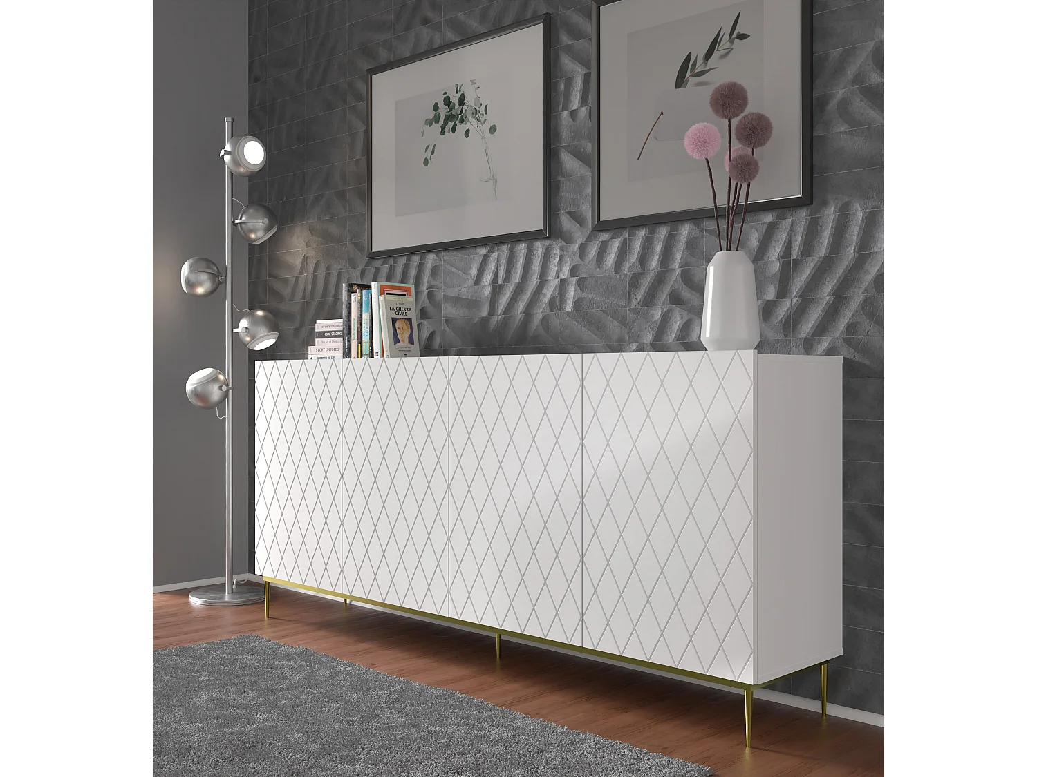 Kommode DIUNA 193 cm 4 Türen Weiß matt mit schwarzen Metallfüßen