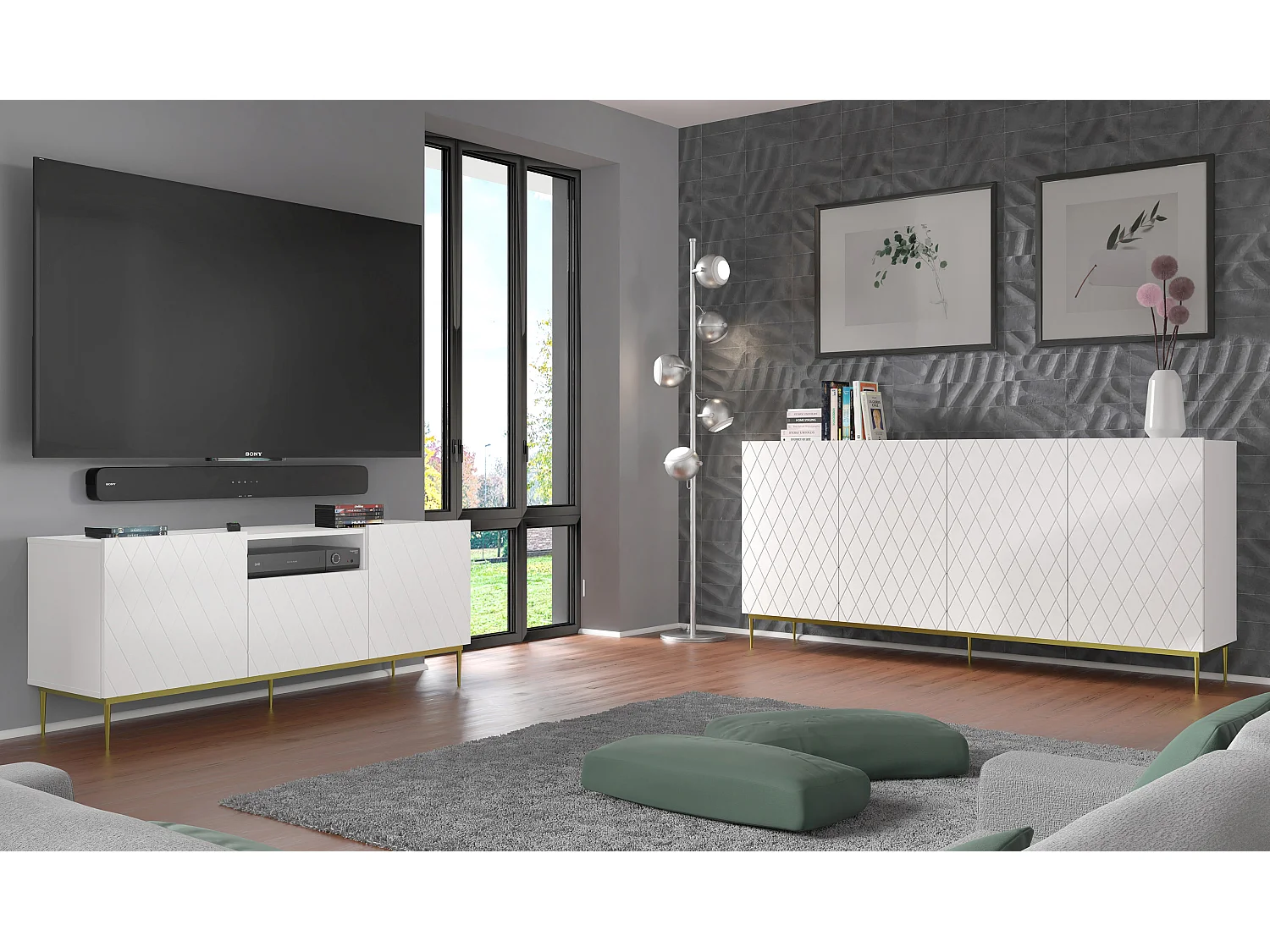 Kommode DIUNA 193 cm 4 Türen Weiß matt mit schwarzen Metallfüßen