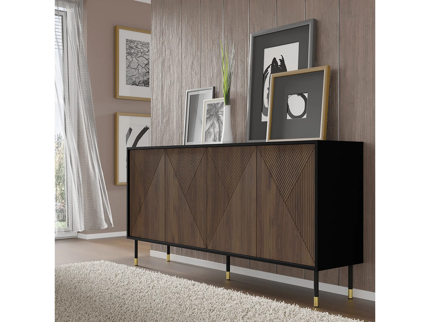 Sideboard WOODY IV 180 cm 4 Türen Schwarz matt und Eiche Catania
