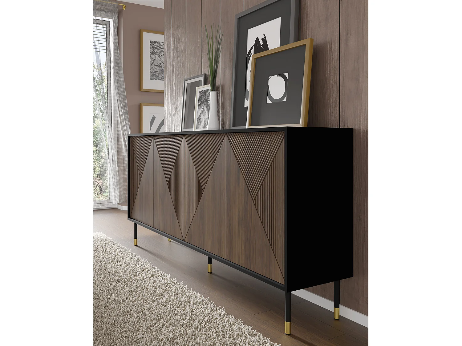 Sideboard WOODY IV 180 cm 4 Türen Schwarz matt und Eiche Catania